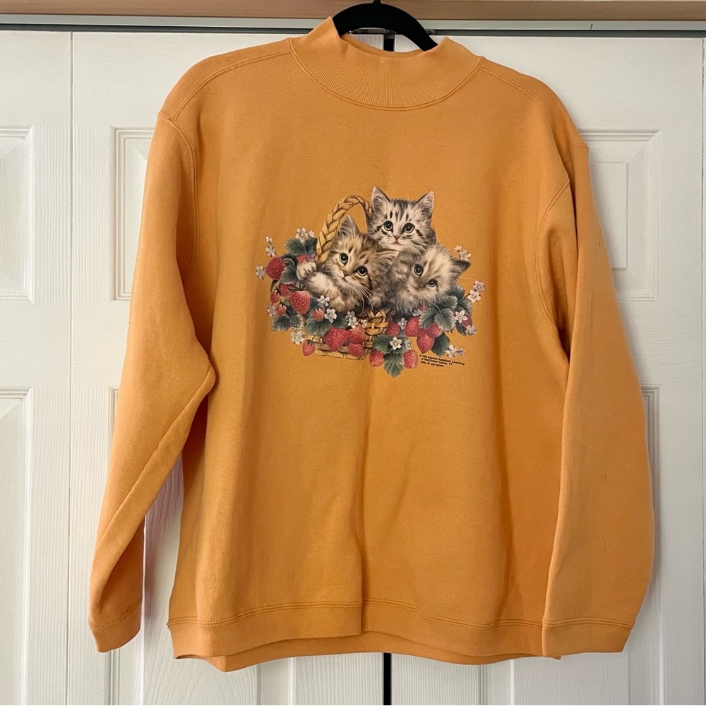 Catalina Vintage Cat Kittens Sweater Fleece Yellow XL